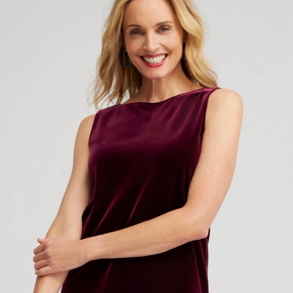 Chico’s Women’s Velvet Pull Over Tank size Medium 10/12 Deep Burgundy High Neck